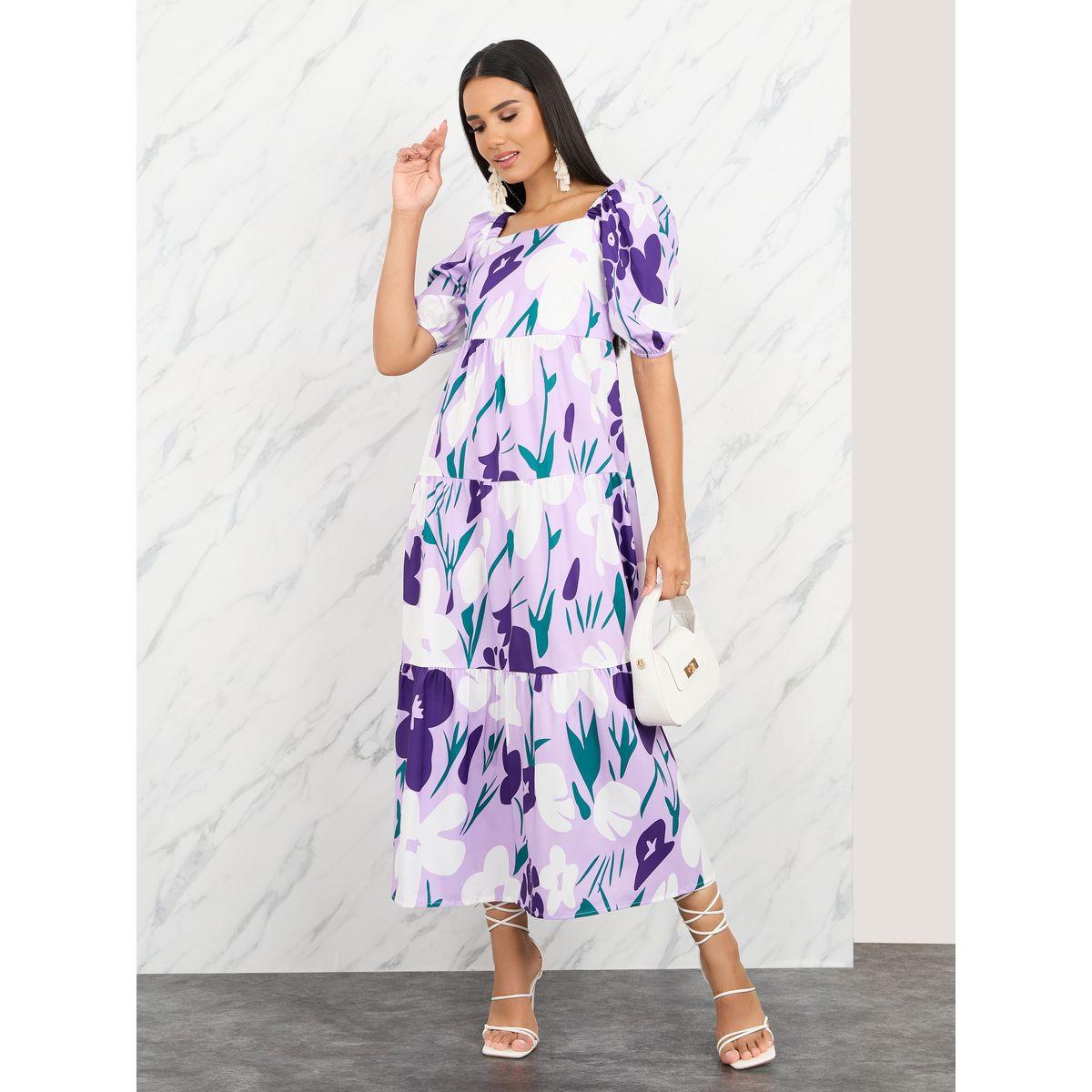 فستان ميدي بطبعة زهور واكمام منفوخة-women-clothing-dresses-image-1