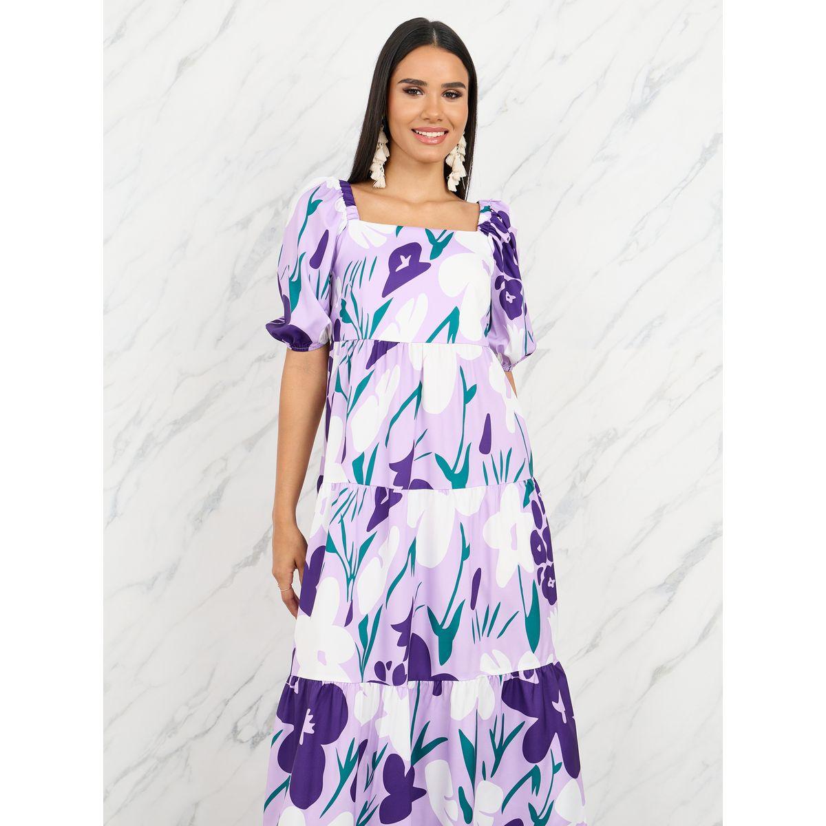 فستان ميدي بطبعة زهور واكمام منفوخة-women-clothing-dresses-image-2