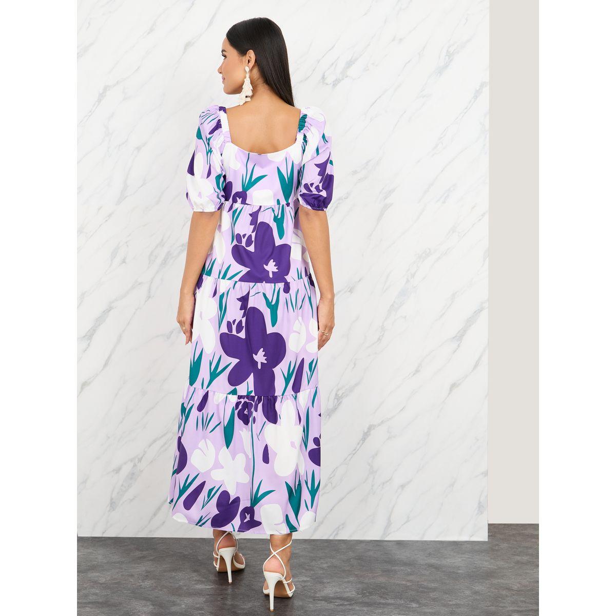فستان ميدي بطبعة زهور واكمام منفوخة-women-clothing-dresses-image-4