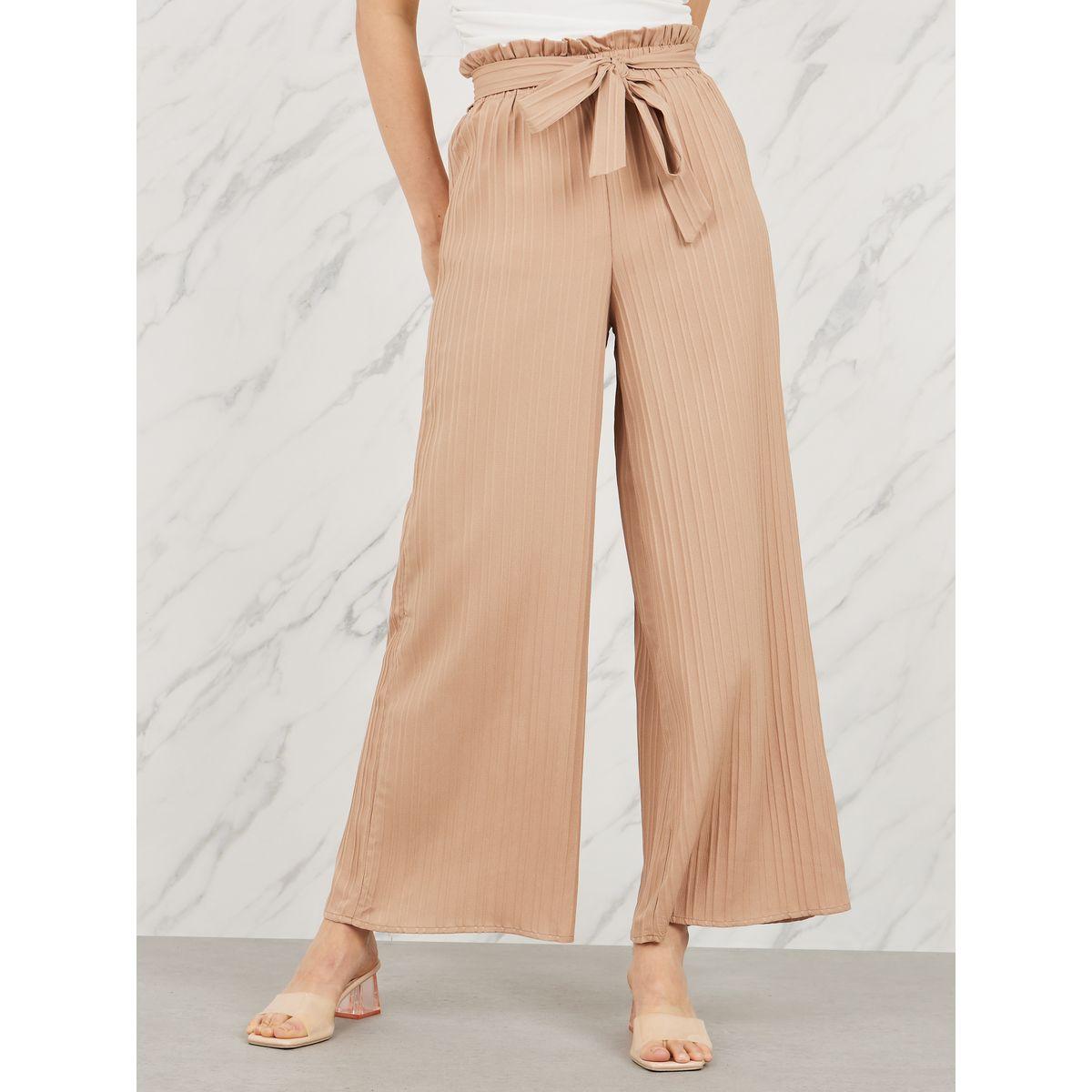 Styli Striped Paperbag Waist Wide Leg Pant with Self Tie Up-women-clothing-bottoms-trousers-image-1