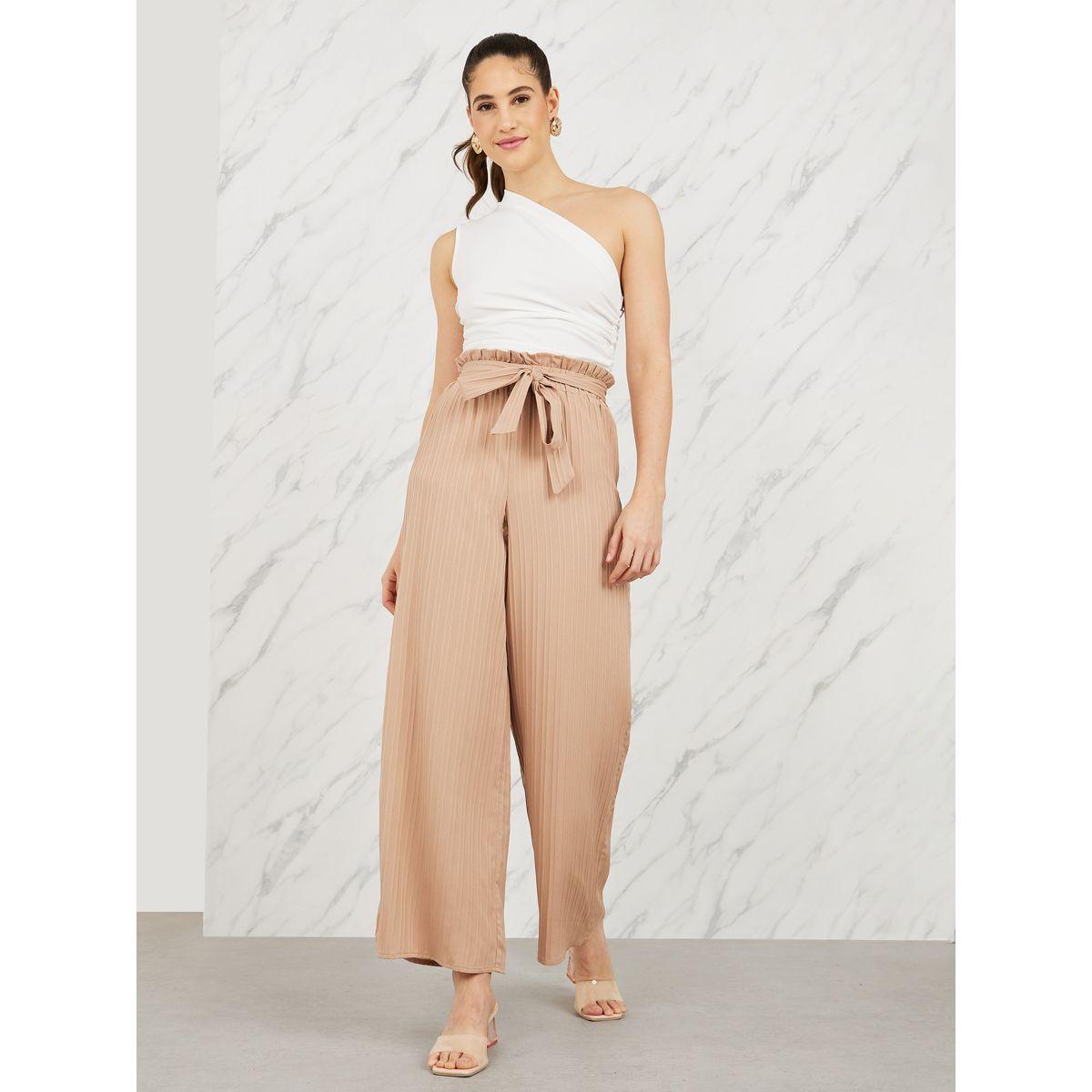 Styli Striped Paperbag Waist Wide Leg Pant with Self Tie Up-women-clothing-bottoms-trousers-image-2