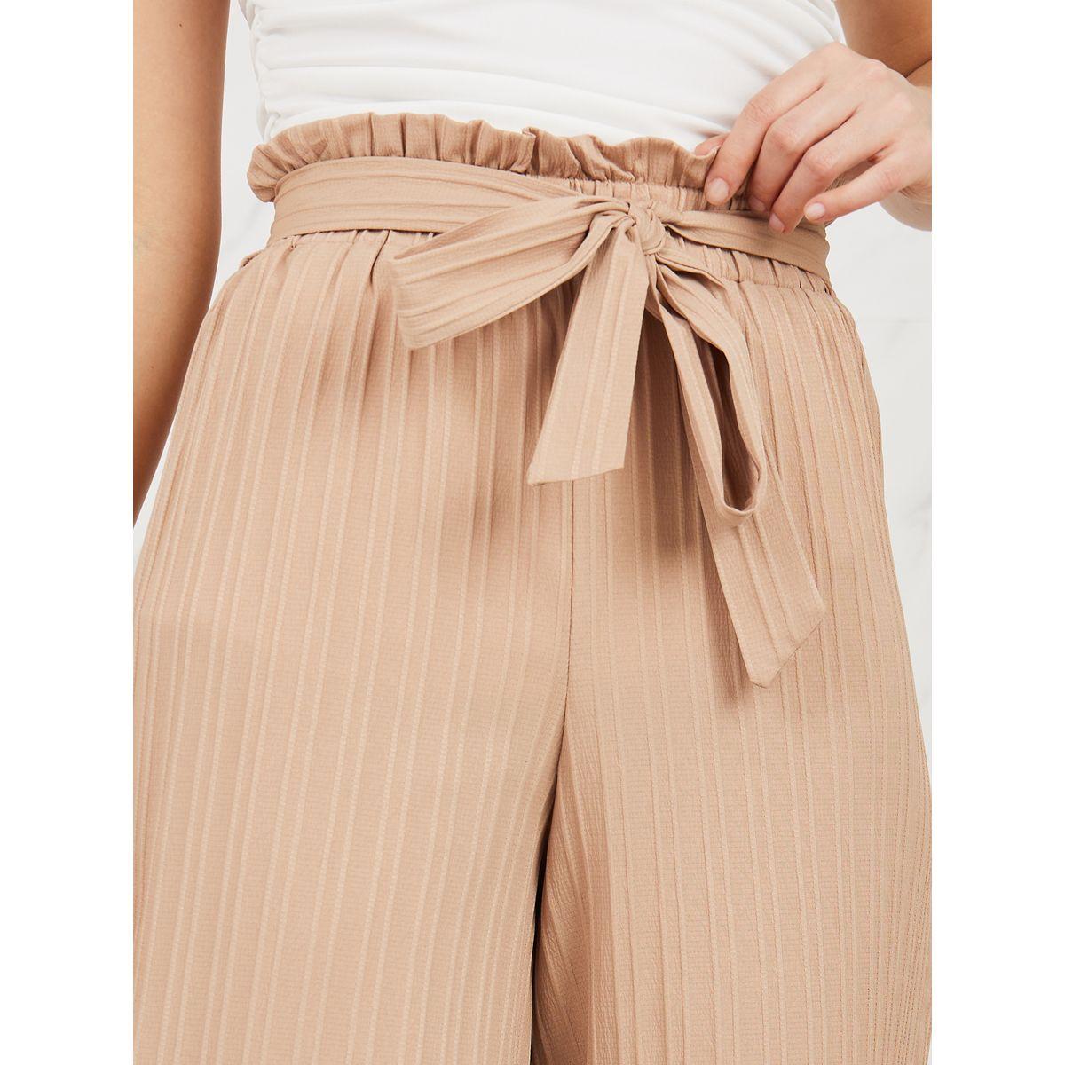 Styli Striped Paperbag Waist Wide Leg Pant with Self Tie Up-women-clothing-bottoms-trousers-image-3