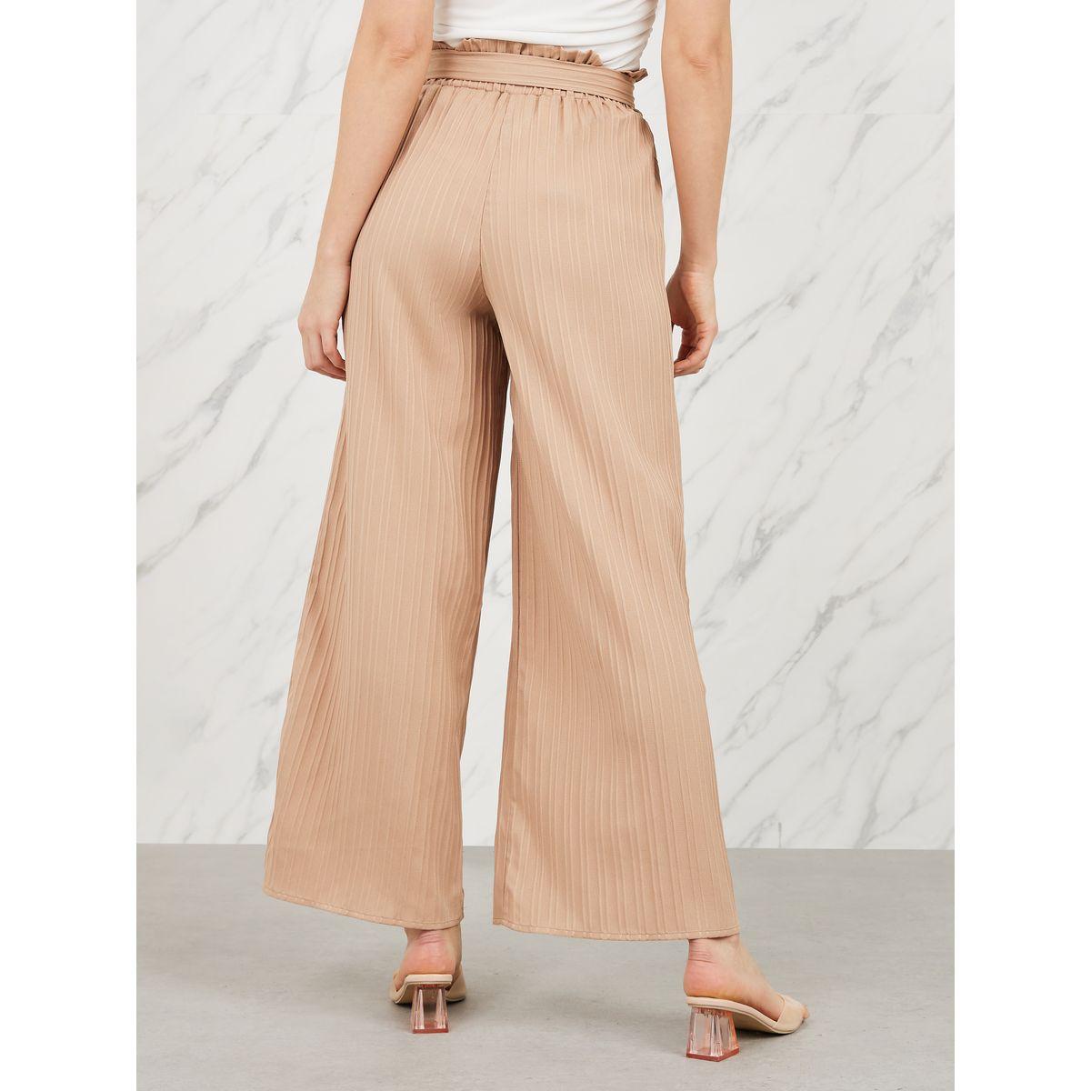 Styli Striped Paperbag Waist Wide Leg Pant with Self Tie Up-women-clothing-bottoms-trousers-image-4
