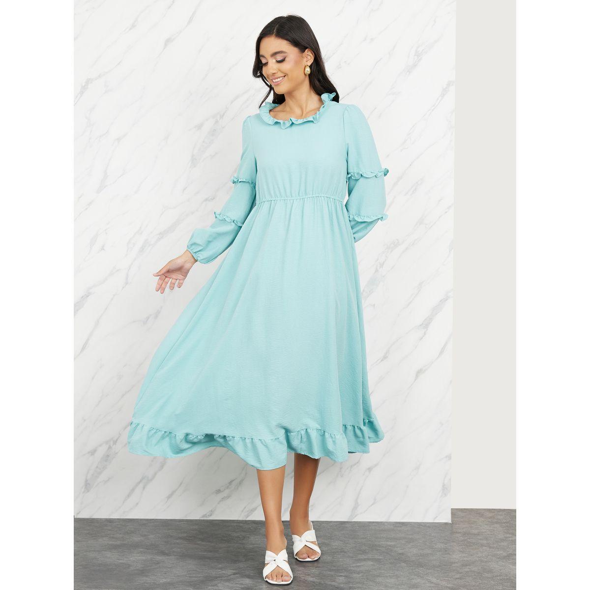 فستان ميدي بحافة واسعة وكشكش-women-clothing-dresses-image-1