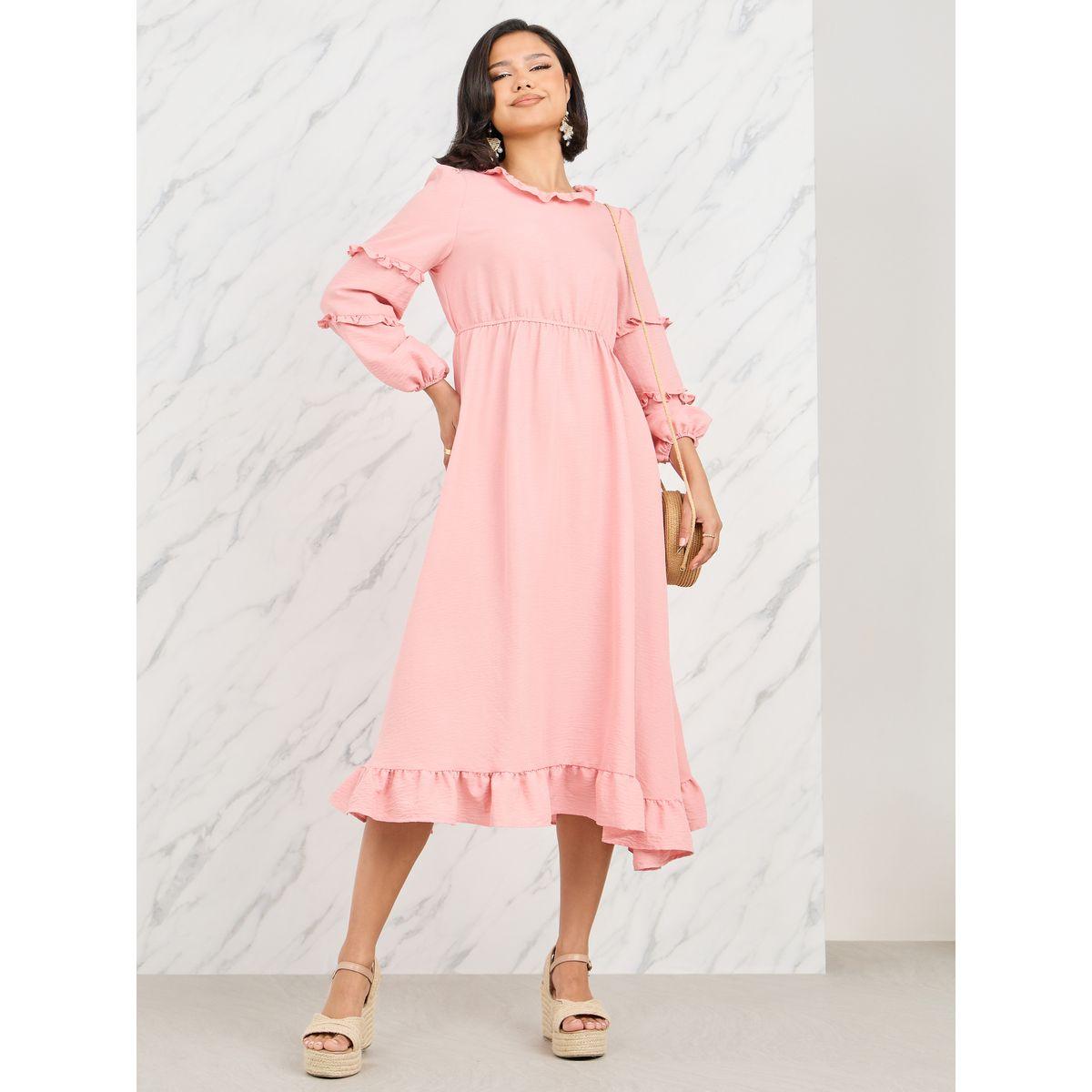 Styli Ruffle Detail A-Line Midi Dress-women-clothing-dresses-image-1