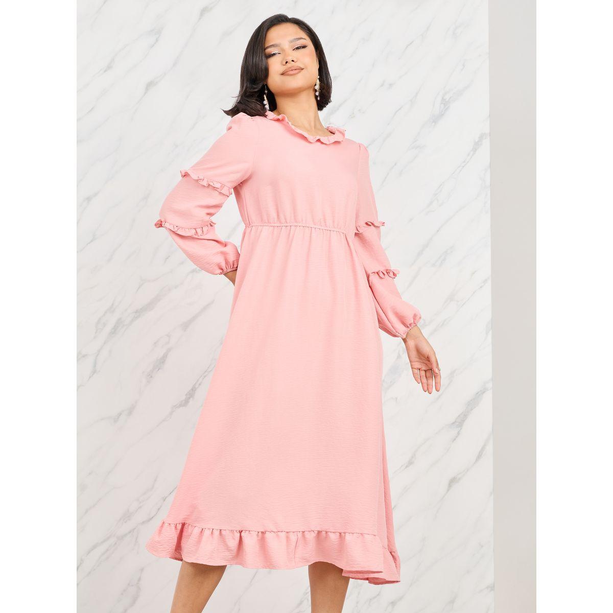 Styli Ruffle Detail A-Line Midi Dress-women-clothing-dresses-image-2