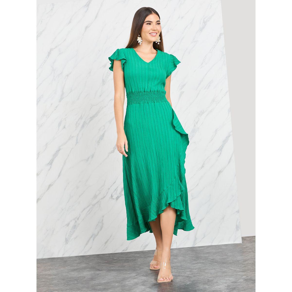 Styli Smocked Detail Crepe Ruffle Detail A-Line Midi Dress-women-clothing-dresses-image-1