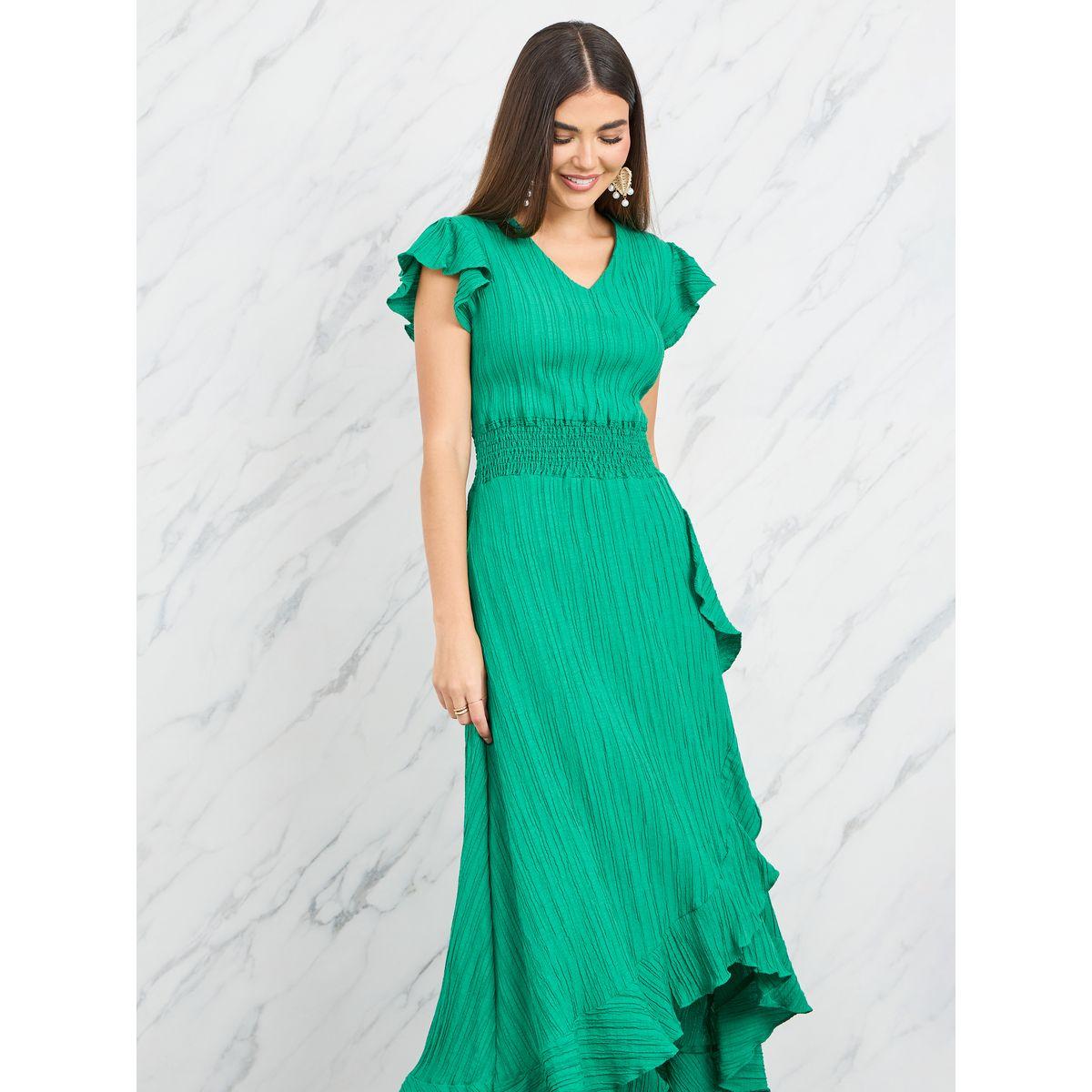 Styli Smocked Detail Crepe Ruffle Detail A-Line Midi Dress-women-clothing-dresses-image-2