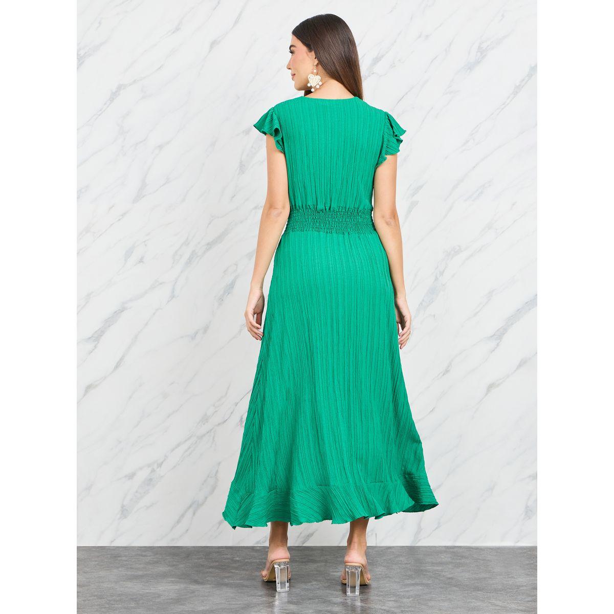 Styli Smocked Detail Crepe Ruffle Detail A-Line Midi Dress-women-clothing-dresses-image-4