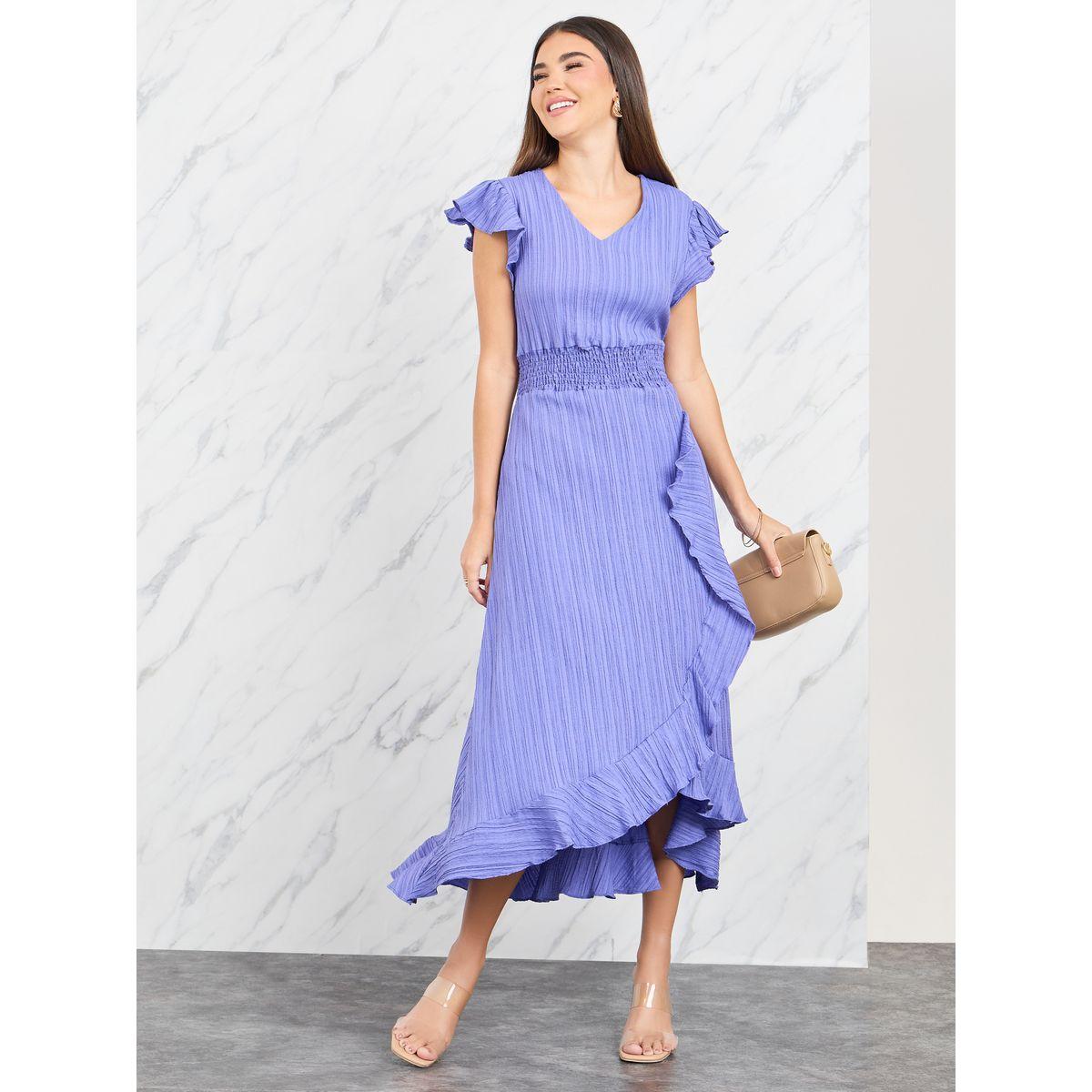 Styli Smocked Detail Crepe Ruffle Detail A-Line Midi Dress-women-clothing-dresses-image-1
