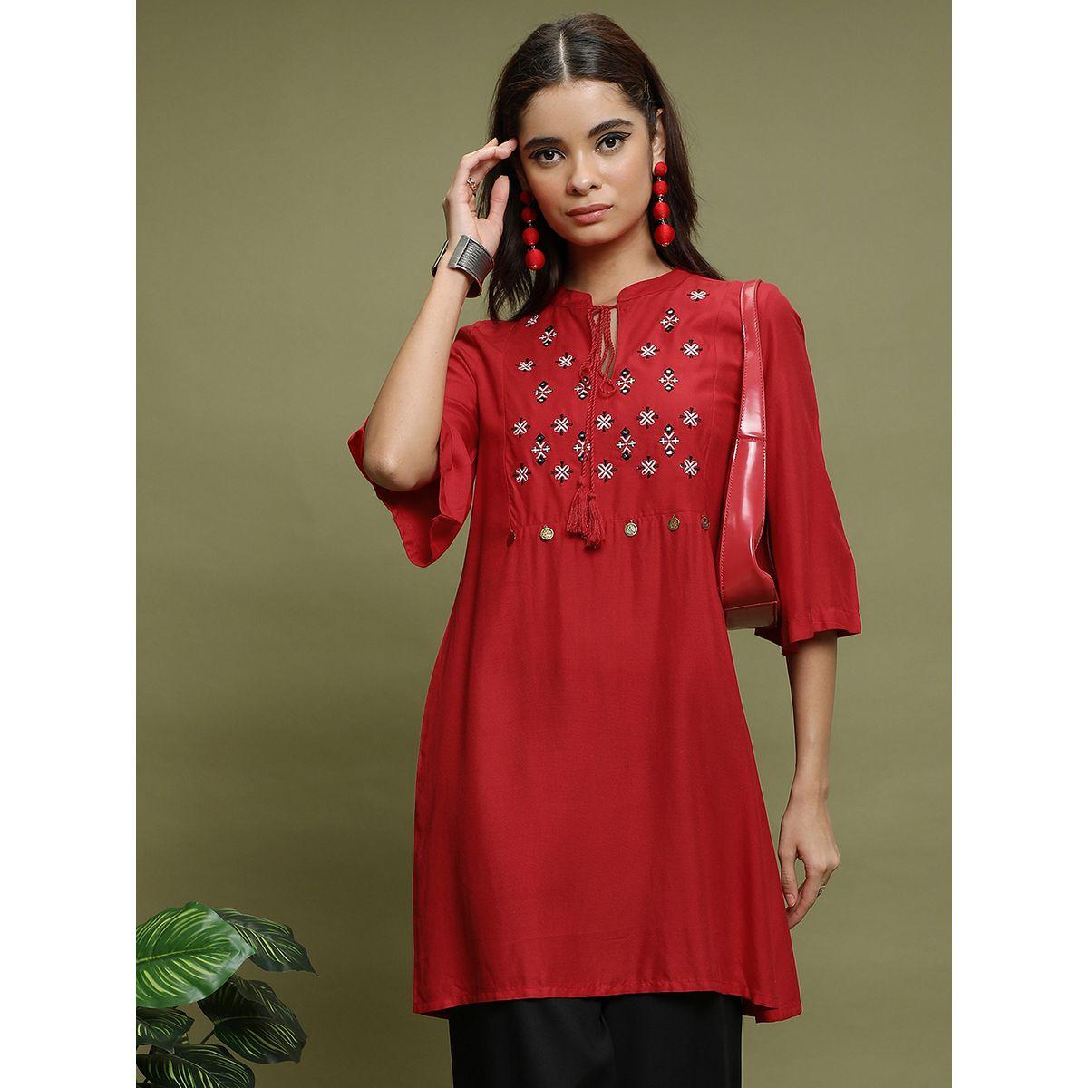 Vishudh X Styli  Printed Tie Up Neck Longline Tunic Top-women-clothing-shirtsandblouses-blouses-image-1