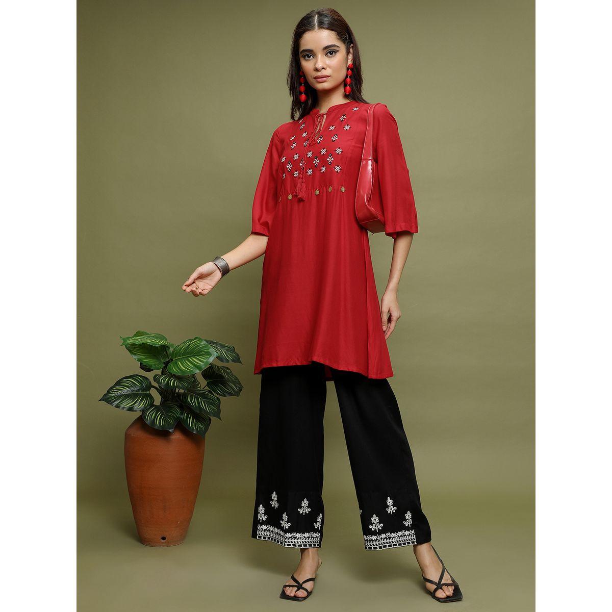 Vishudh X Styli  Printed Tie Up Neck Longline Tunic Top-women-clothing-shirtsandblouses-blouses-image-2