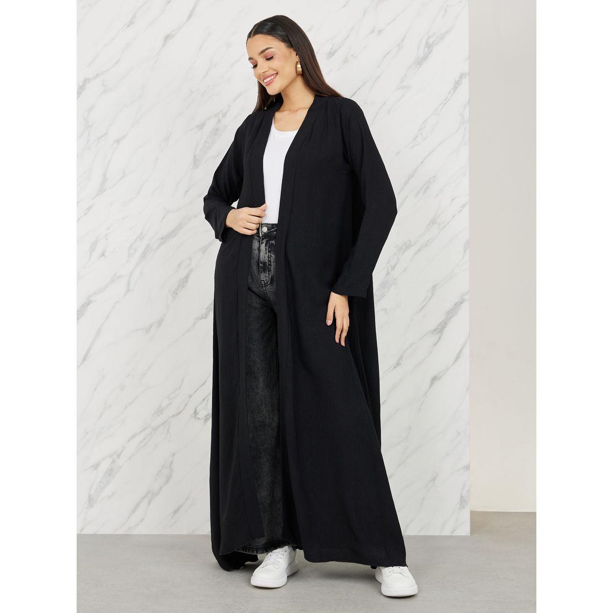 Styli Textured Fitted Sleeves Open Front Abaya-women-arabicclothing-abayas-image-1