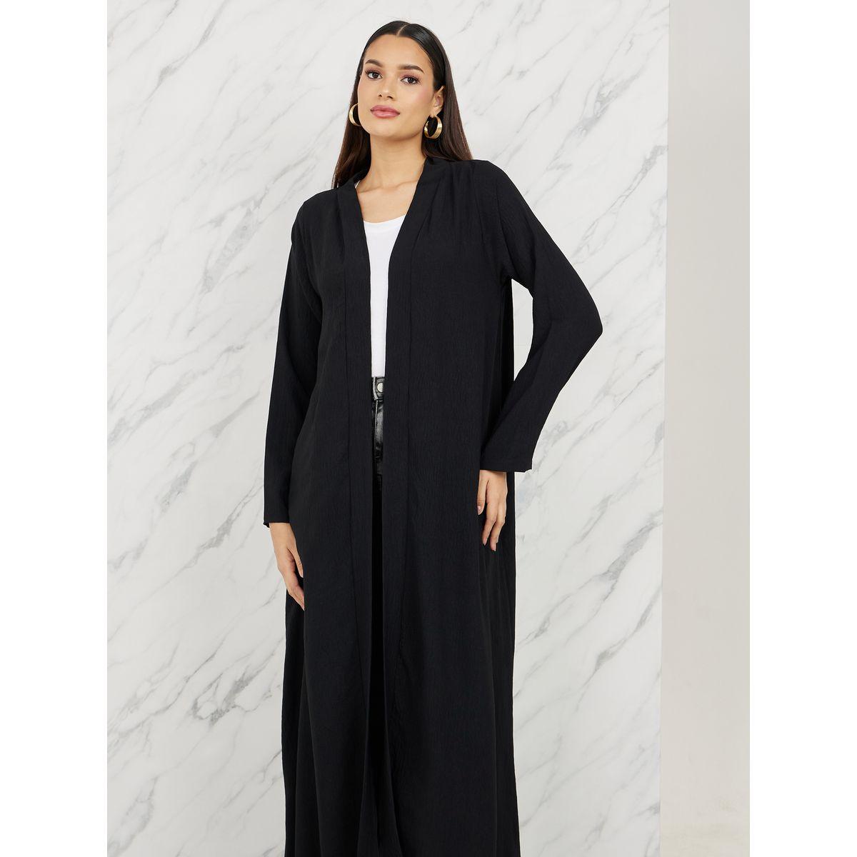 Styli Textured Fitted Sleeves Open Front Abaya-women-arabicclothing-abayas-image-2