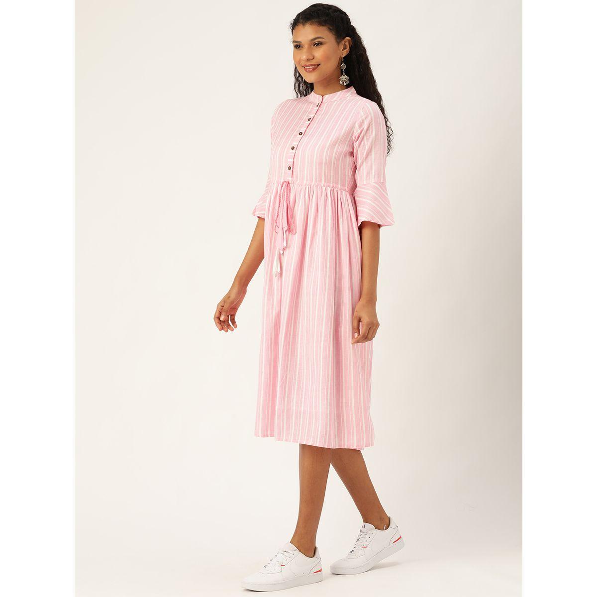 Sassafras X Styli Striped Mandarin Collar Button Detail Midi Dress with Drawstring Waist-women-clothing-dresses-image-2
