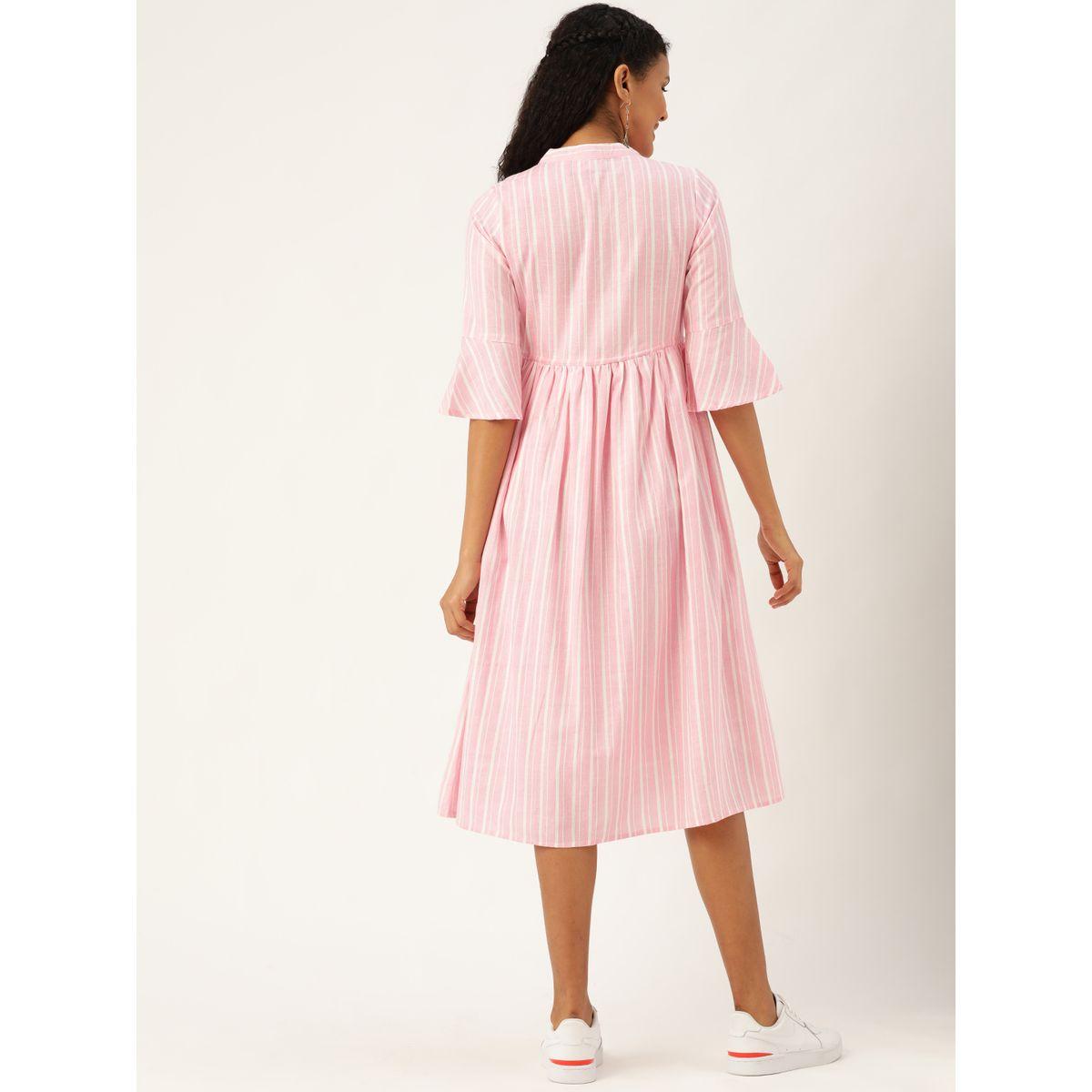 Sassafras X Styli Striped Mandarin Collar Button Detail Midi Dress with Drawstring Waist-women-clothing-dresses-image-3