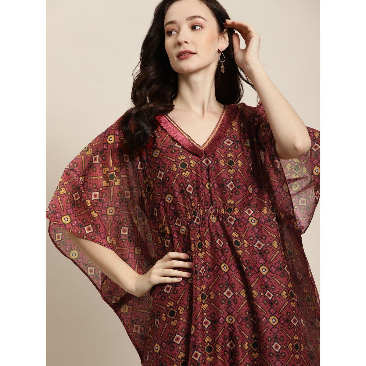 Sassafras X Styli All Over Print Tassel Trim V Neck Kaftan with Slip-women-clothing-dresses-image-1