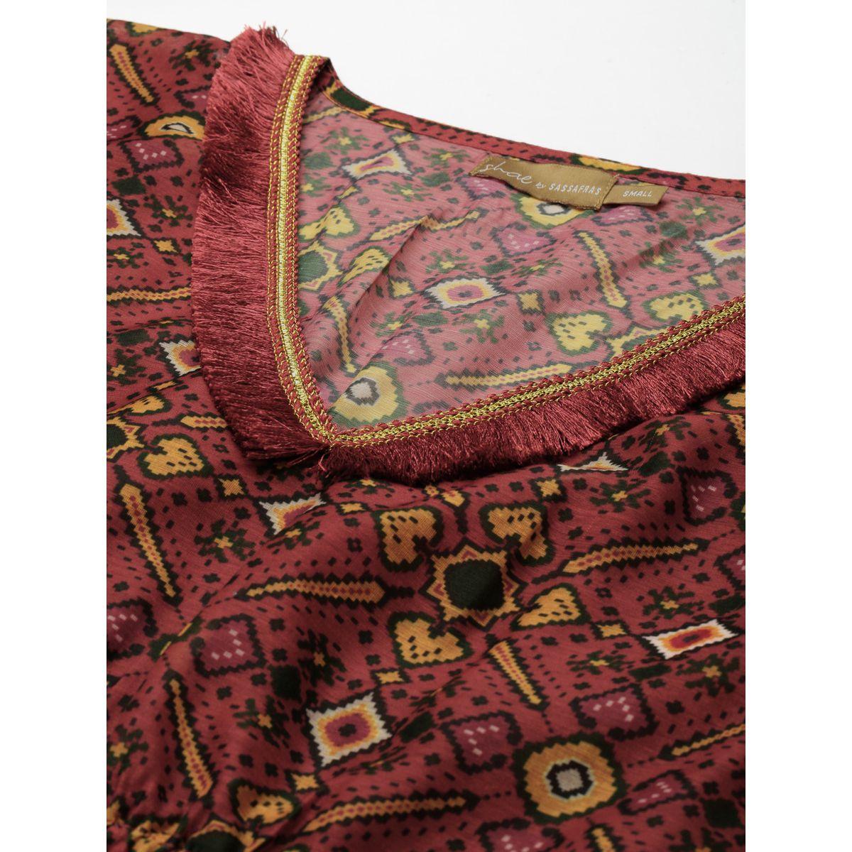 Sassafras X Styli All Over Print Tassel Trim V Neck Kaftan with Slip-women-clothing-dresses-image-2
