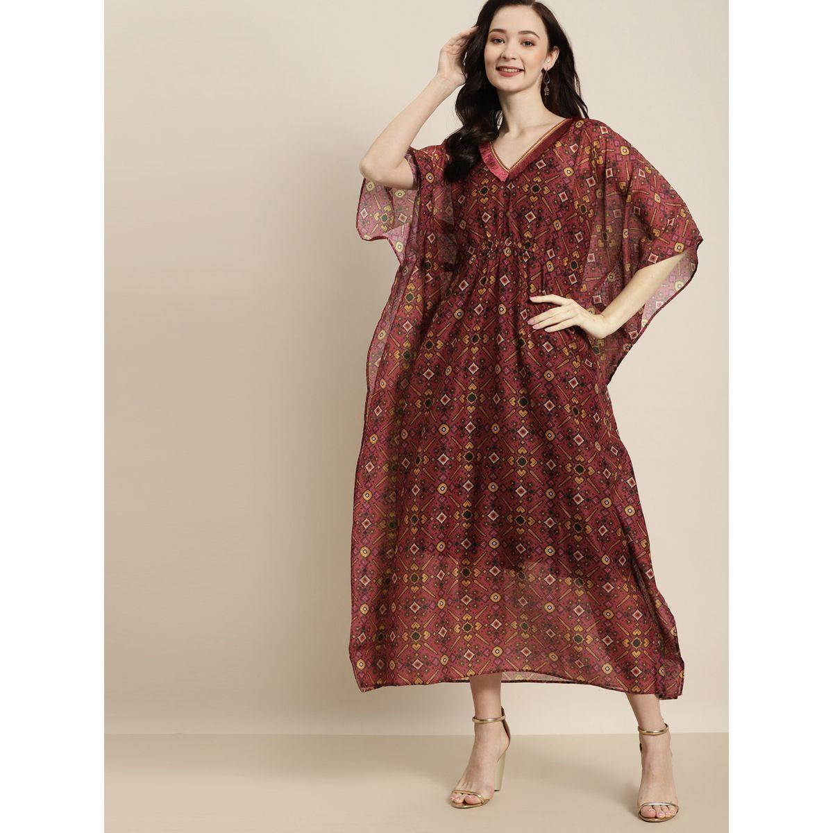 Sassafras X Styli All Over Print Tassel Trim V Neck Kaftan with Slip-women-clothing-dresses-image-3