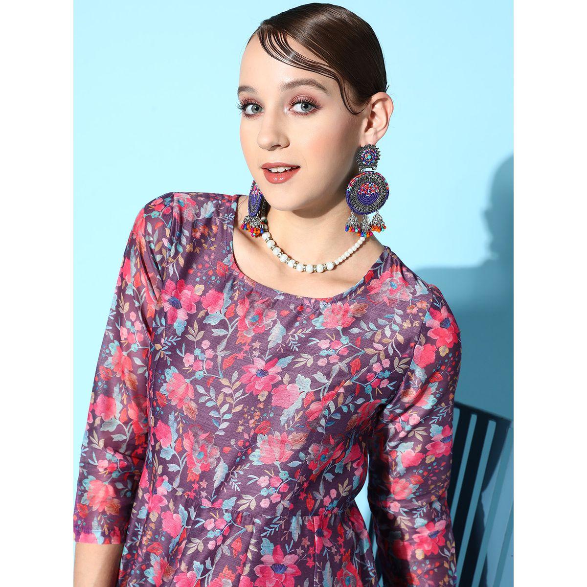فستان اناركالي ميدي مطبع بزهور ساسافراس × ستايلي-women-clothing-dresses-image-2