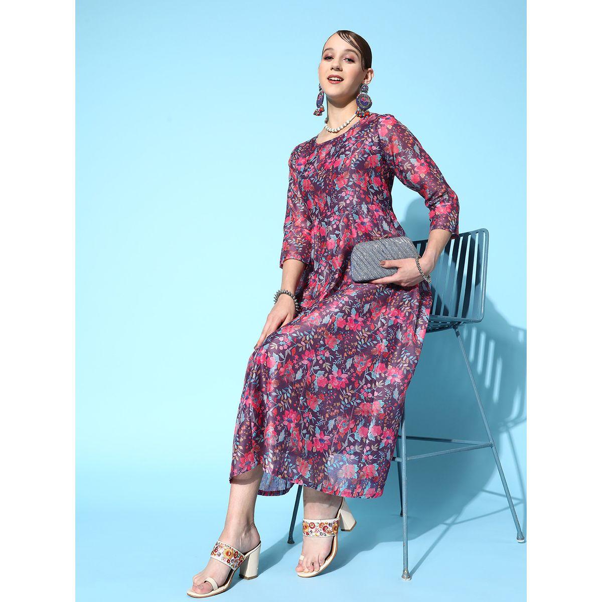 فستان اناركالي ميدي مطبع بزهور ساسافراس × ستايلي-women-clothing-dresses-image-3