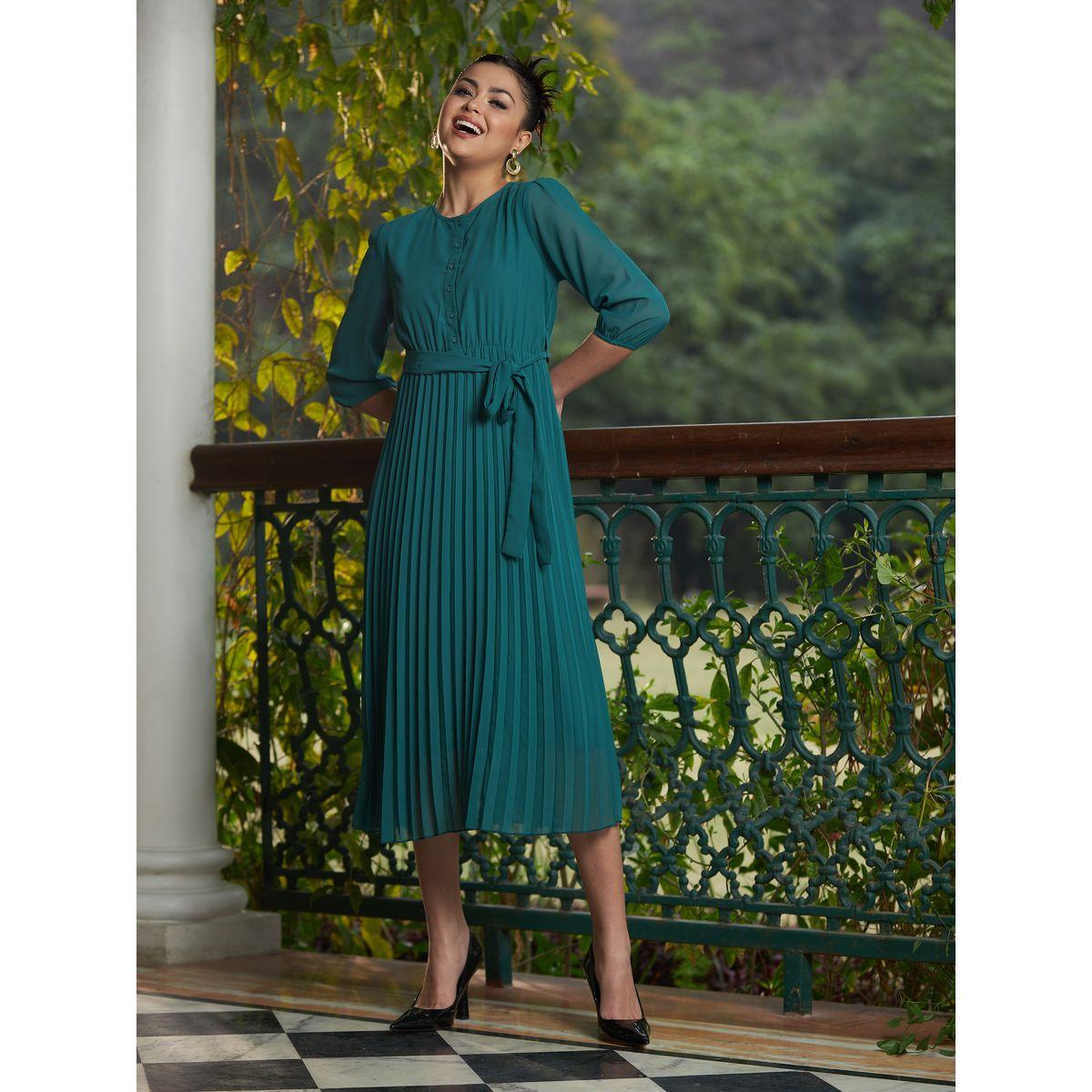 فستان ميدي مزين بكسرات مع حزام خصر ساسافراس × ستايلي-women-clothing-dresses-image-1