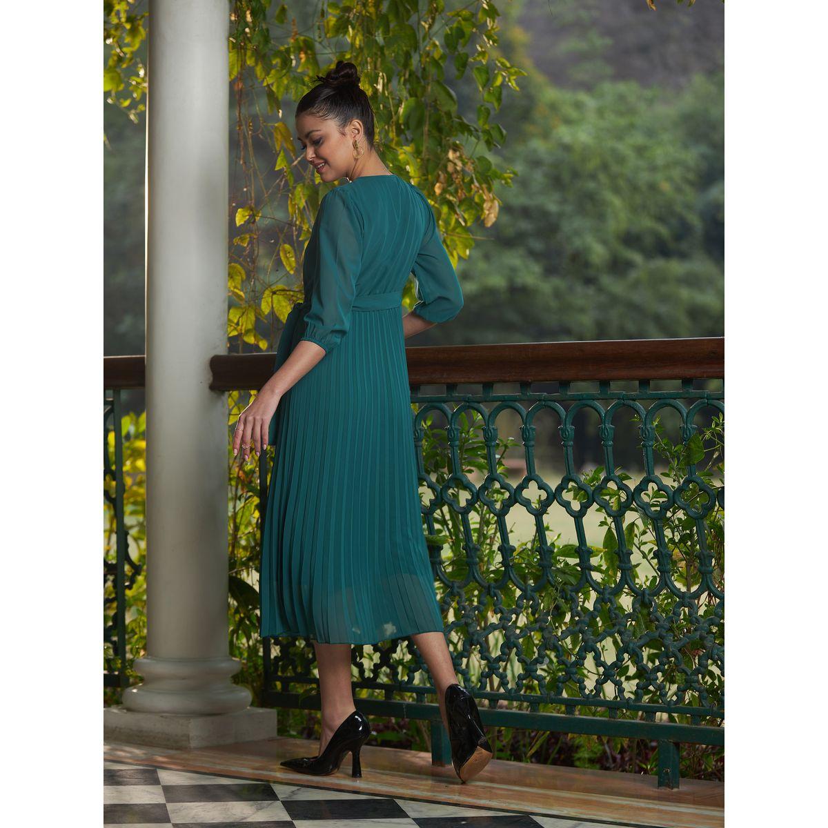 فستان ميدي مزين بكسرات مع حزام خصر ساسافراس × ستايلي-women-clothing-dresses-image-2