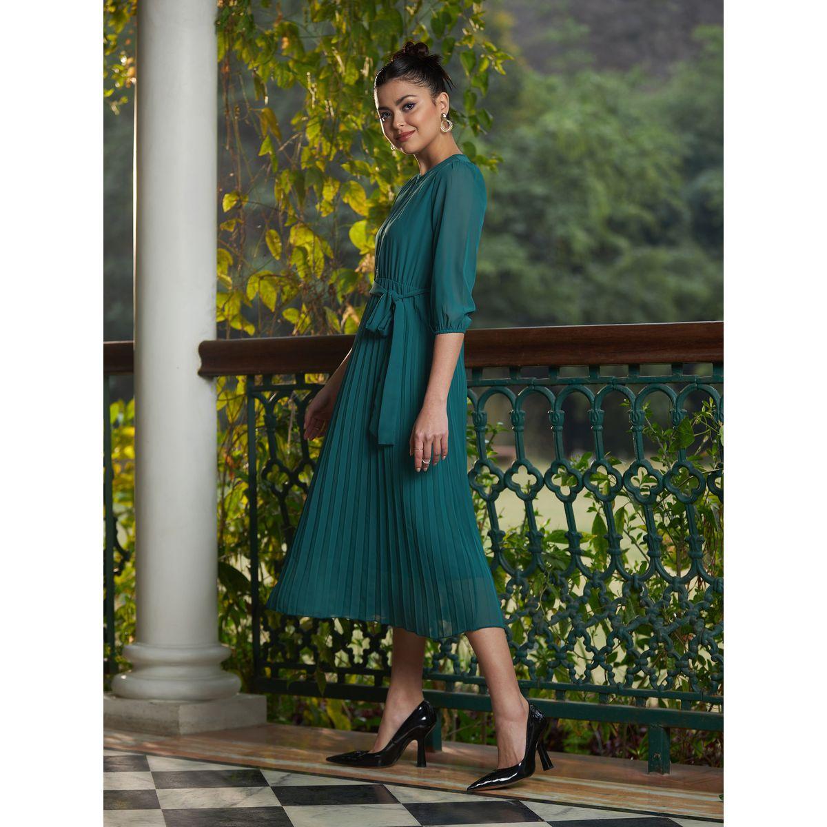 فستان ميدي مزين بكسرات مع حزام خصر ساسافراس × ستايلي-women-clothing-dresses-image-3