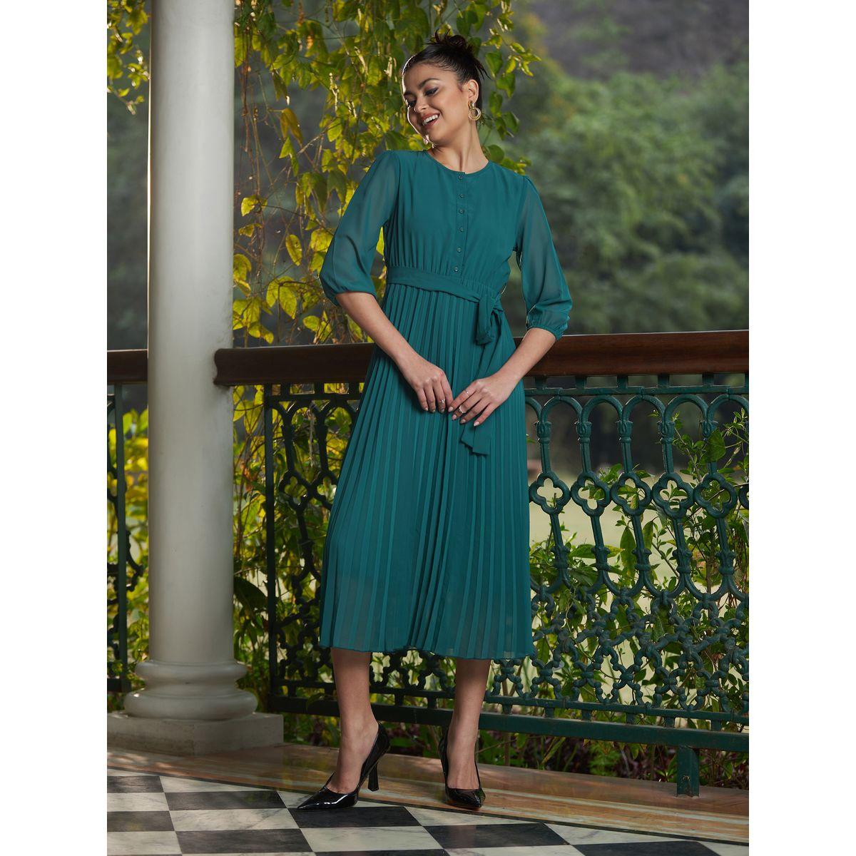 فستان ميدي مزين بكسرات مع حزام خصر ساسافراس × ستايلي-women-clothing-dresses-image-4