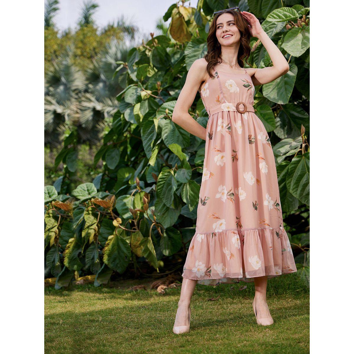 فستان ميدي مطبع بزهور مع رباط خصر ساسافراس × ستايلي-women-clothing-dresses-image-1