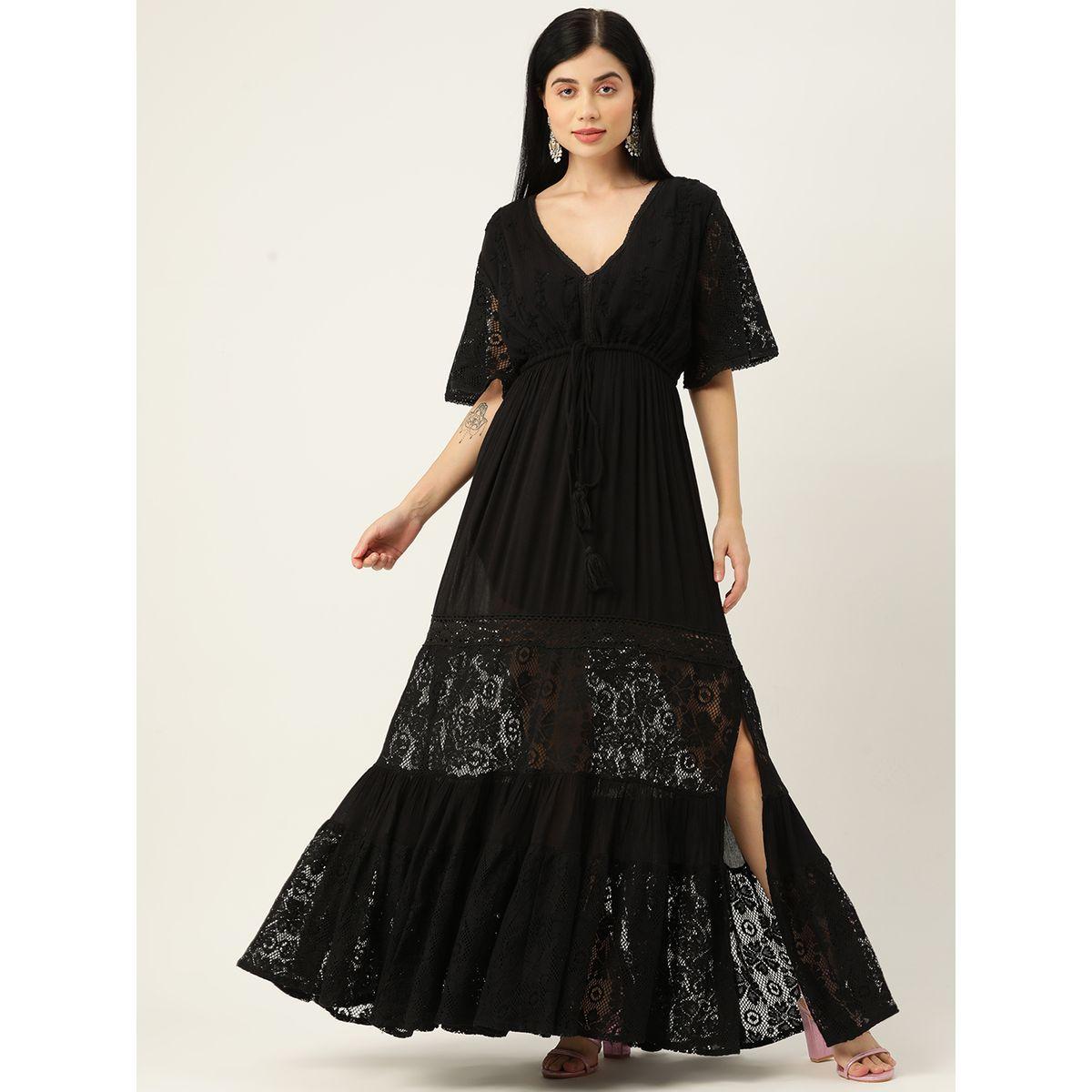 Sanskrutihomes X Styli Embroidered Lace Detail A-Line Maxi Dress with Side Slt-women-clothing-dresses-image-1