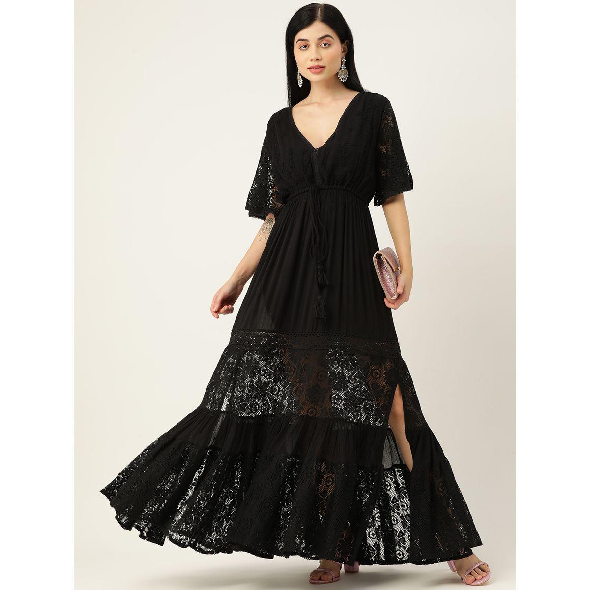 Sanskrutihomes X Styli Embroidered Lace Detail A-Line Maxi Dress with Side Slt-women-clothing-dresses-image-2