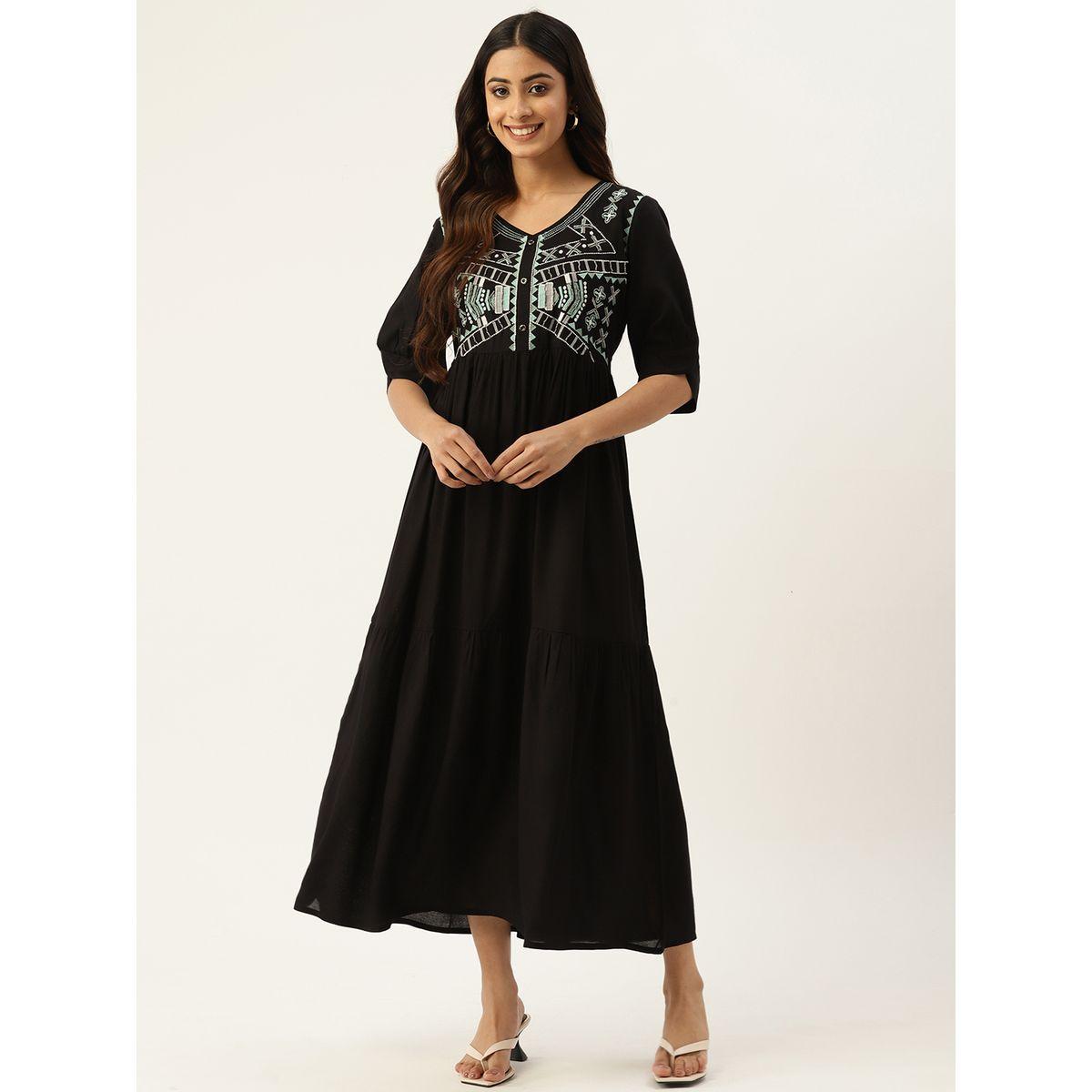 Sanskrutihomes X Styli Aztec Embroidered Button Detail A-Line Maxi Dress-women-clothing-dresses-image-1