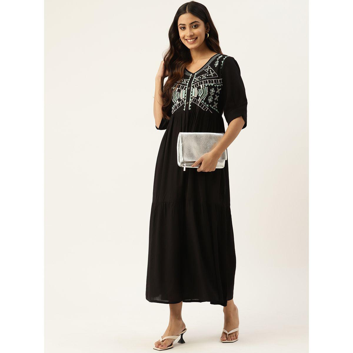 Sanskrutihomes X Styli Aztec Embroidered Button Detail A-Line Maxi Dress-women-clothing-dresses-image-2