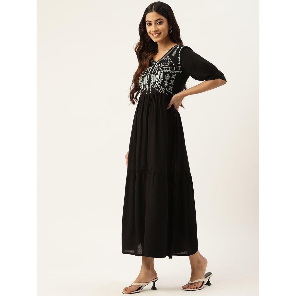 Sanskrutihomes X Styli Aztec Embroidered Button Detail A-Line Maxi Dress-women-clothing-dresses-image-3