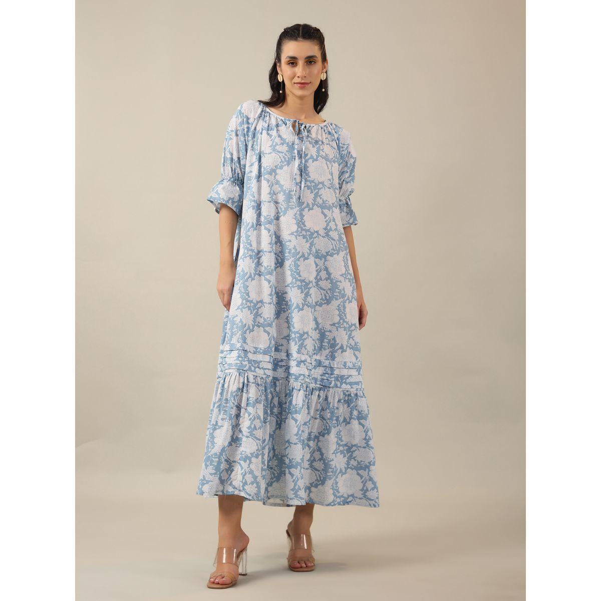 فستان طويل مطبع بزهور مع ياقة بأربطة سانسكريتي هومز × ستايلي-women-clothing-dresses-image-1