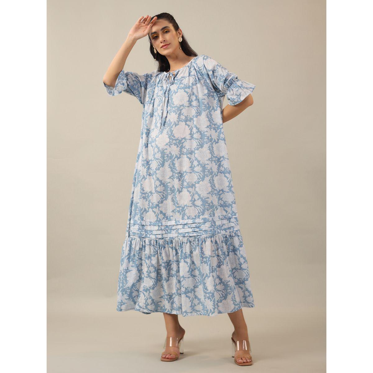 فستان طويل مطبع بزهور مع ياقة بأربطة سانسكريتي هومز × ستايلي-women-clothing-dresses-image-2