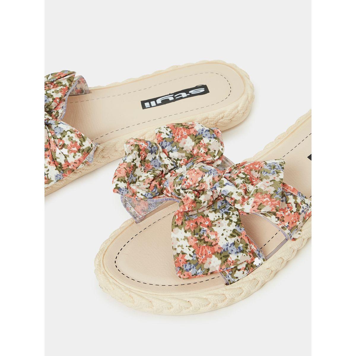 Styli Printed Bow Detail Slide Sandals-women-shoes-flipflopsandslides-image-4