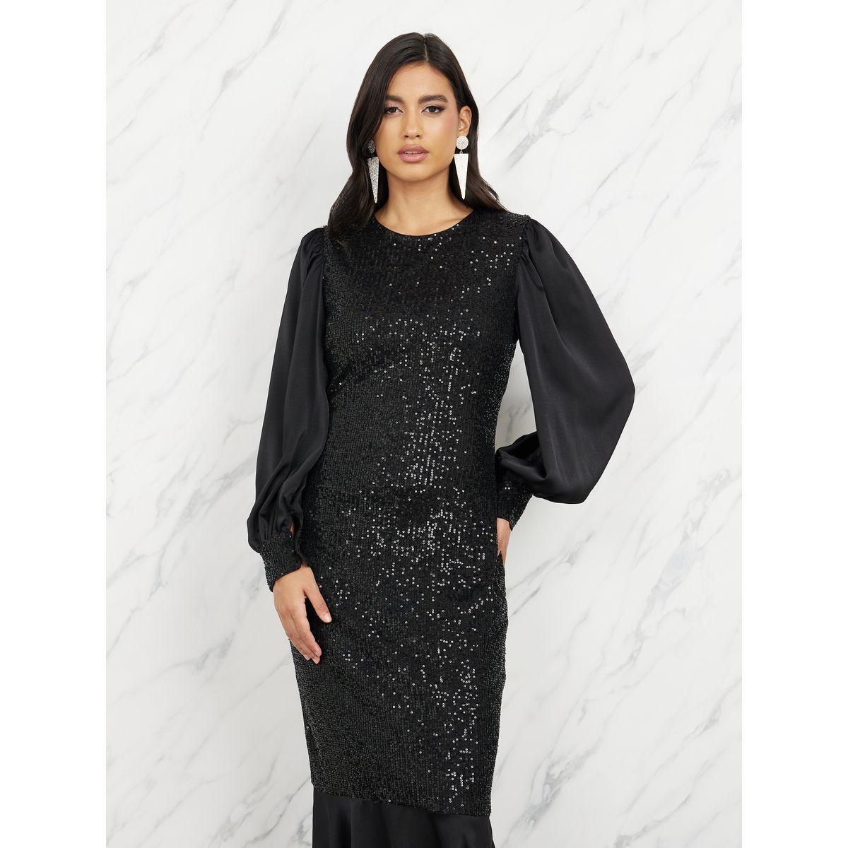 Styli Sequin Detail Balloon Sleeves Mermaid Dress-women-clothing-dresses-image-2