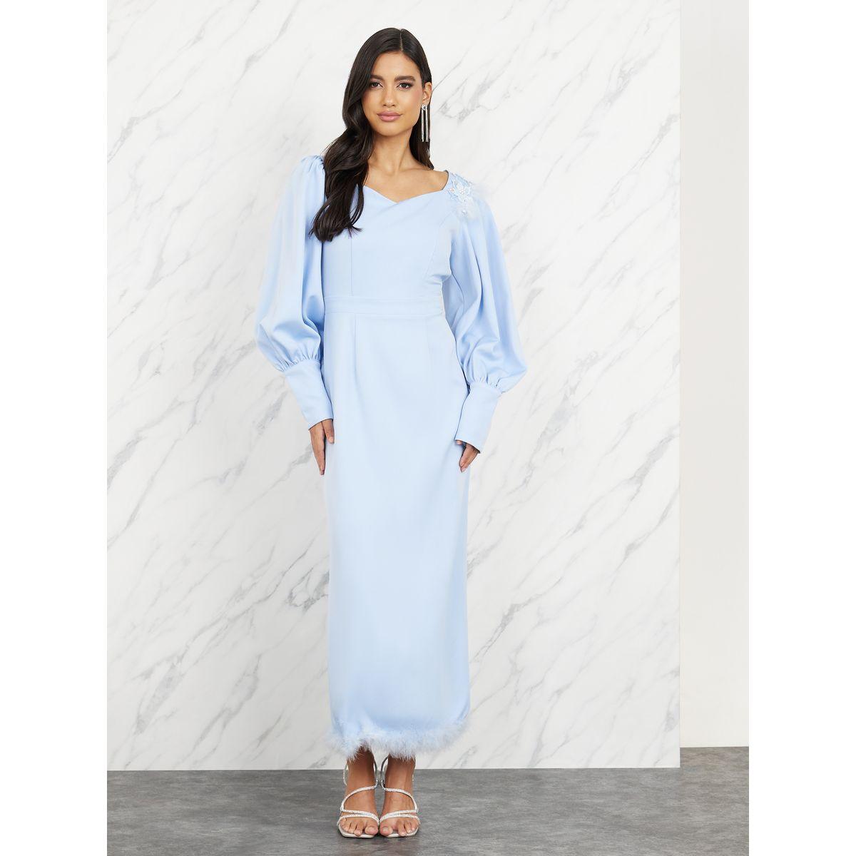 فستان ماكسي بنقشة ريشة مزيفة بزاوية ريشة مزيفة بفتحة الياقة على شكل A-line-women-clothing-dresses-image-1