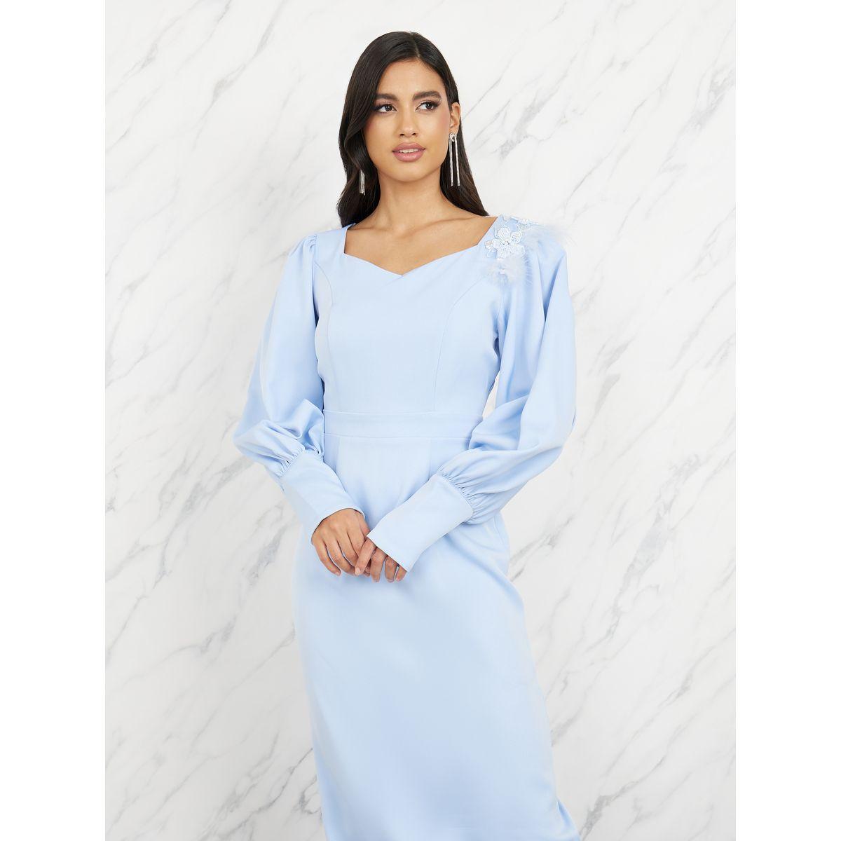فستان ماكسي بنقشة ريشة مزيفة بزاوية ريشة مزيفة بفتحة الياقة على شكل A-line-women-clothing-dresses-image-2