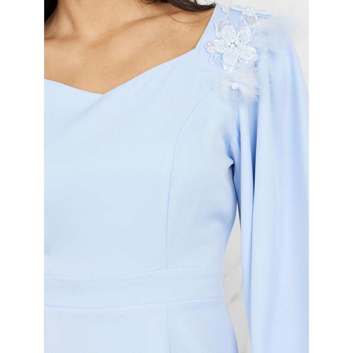 Styli Floral Applique Faux Feather Trim Sweetheart Neck A-Line Maxi Dress-women-clothing-dresses-image-3