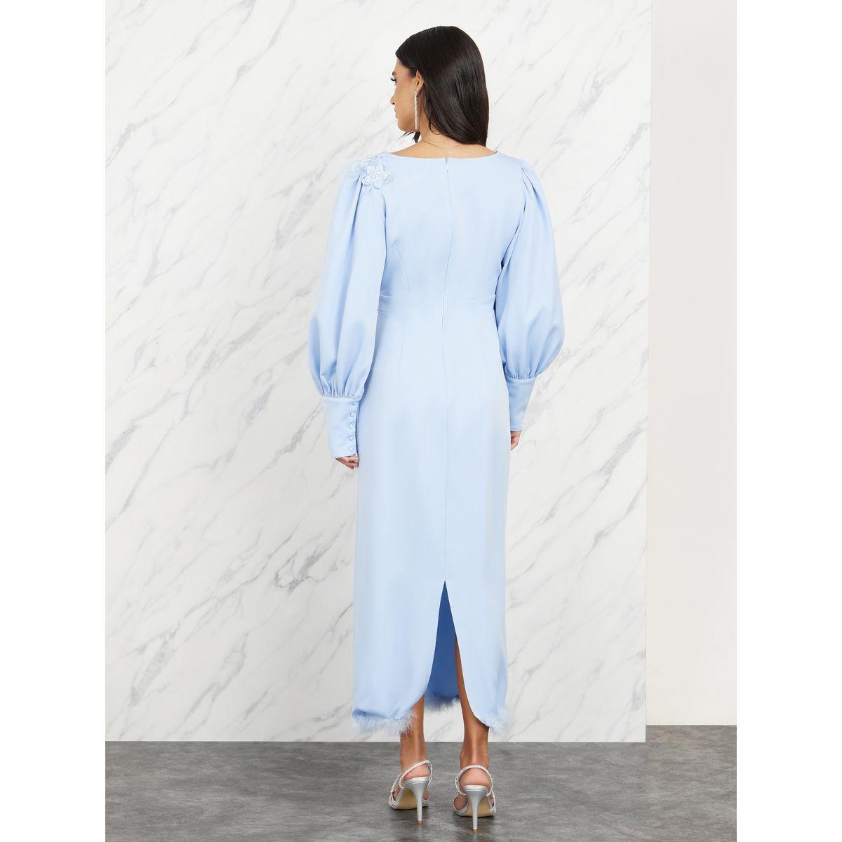 فستان ماكسي بنقشة ريشة مزيفة بزاوية ريشة مزيفة بفتحة الياقة على شكل A-line-women-clothing-dresses-image-4