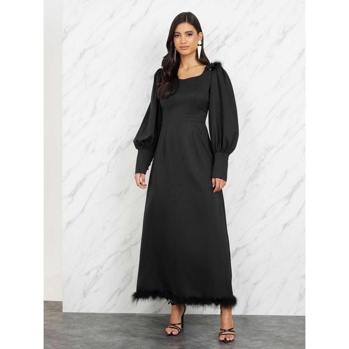 Styli Floral Applique Faux Feather Trim Sweetheart Neck A-Line Maxi Dress-women-clothing-dresses-image-1