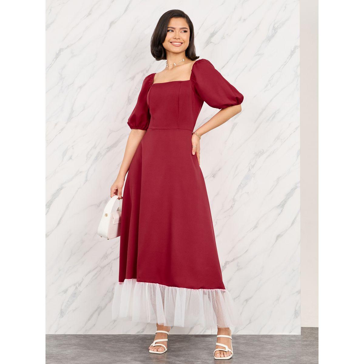 فستان طويل بتفاصيل شبكية واكمام منفوخة-women-clothing-dresses-image-1