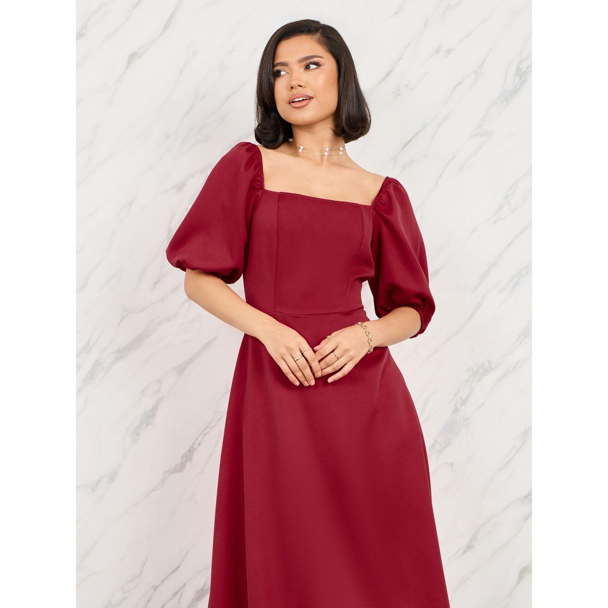 فستان طويل بتفاصيل شبكية واكمام منفوخة-women-clothing-dresses-image-2