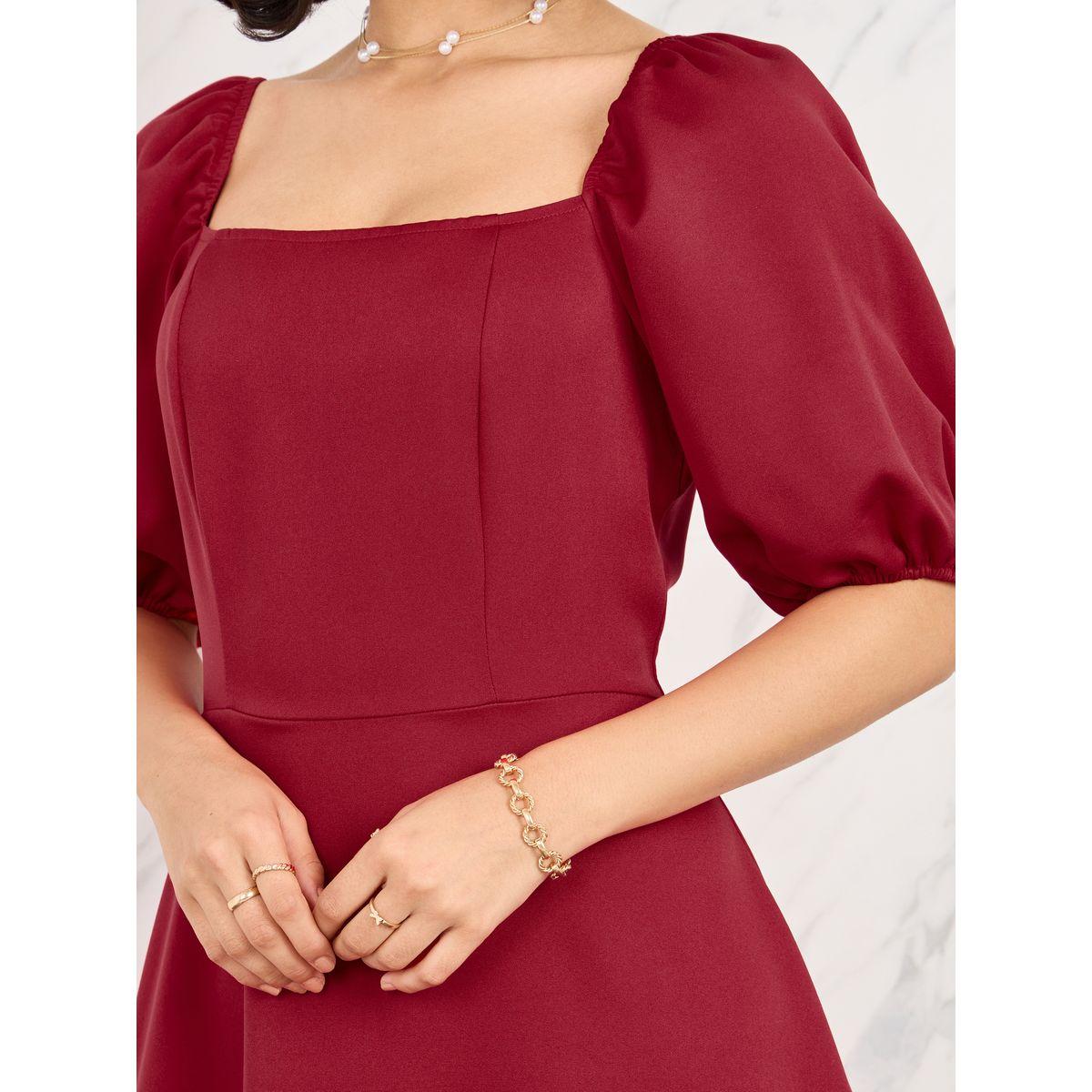 Styli Contrast Mesh Hem Puff Sleeve A-Line Maxi Dress-women-clothing-dresses-image-3