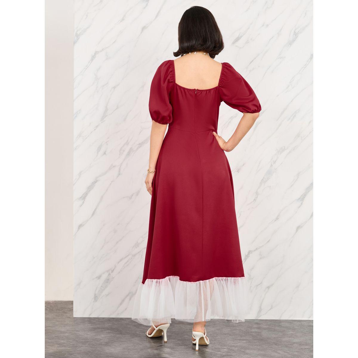 Styli Contrast Mesh Hem Puff Sleeve A-Line Maxi Dress-women-clothing-dresses-image-4