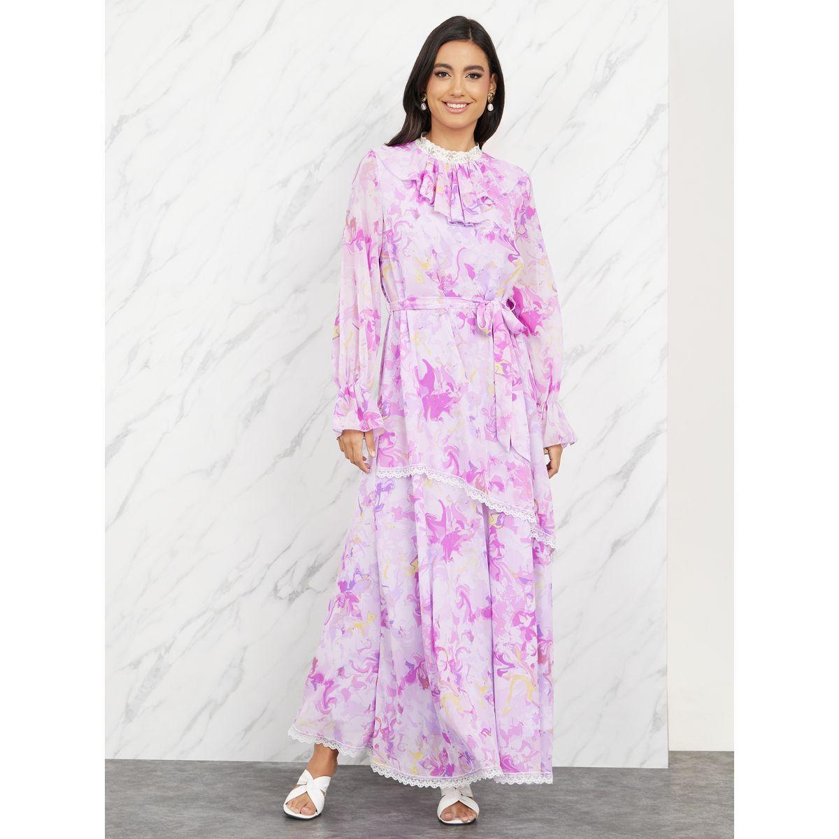 Styli Lace Trim All Over Print Ruffle Neck A-Line Maxi Dress-women-clothing-dresses-image-1