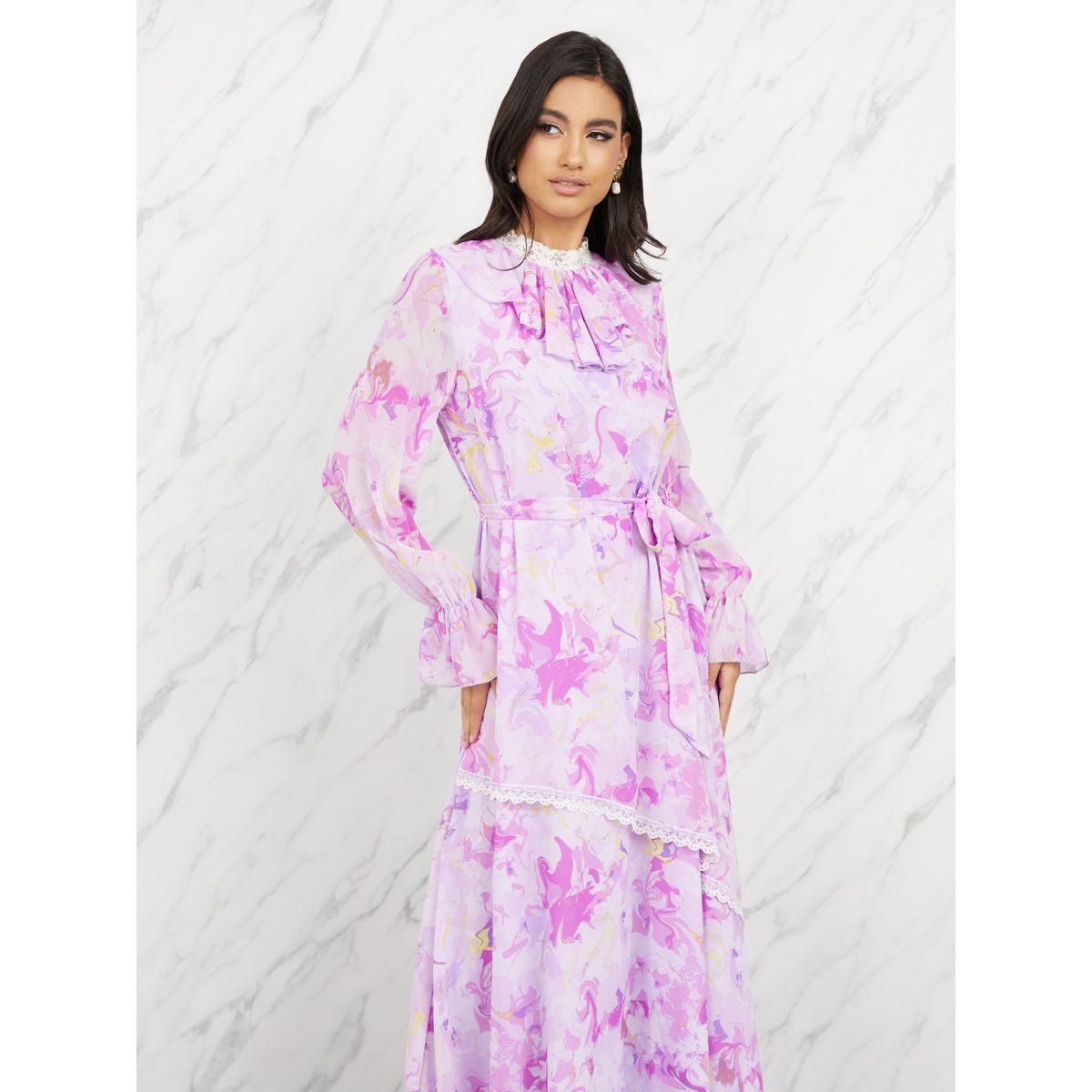 Styli Lace Trim All Over Print Ruffle Neck A-Line Maxi Dress-women-clothing-dresses-image-2